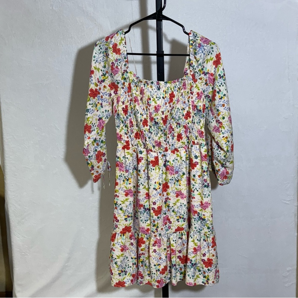 LC Lauren Conrad White Floral Smocked Top with Multicolor Print
